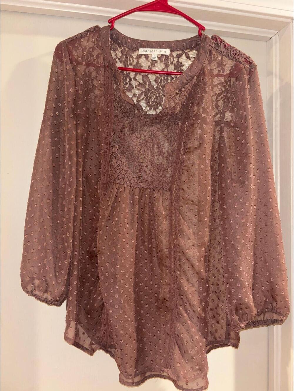 Daniel Rainn Mauve Swiss Dot Lace Boho Blouse Women Large - Picture 1 of 5